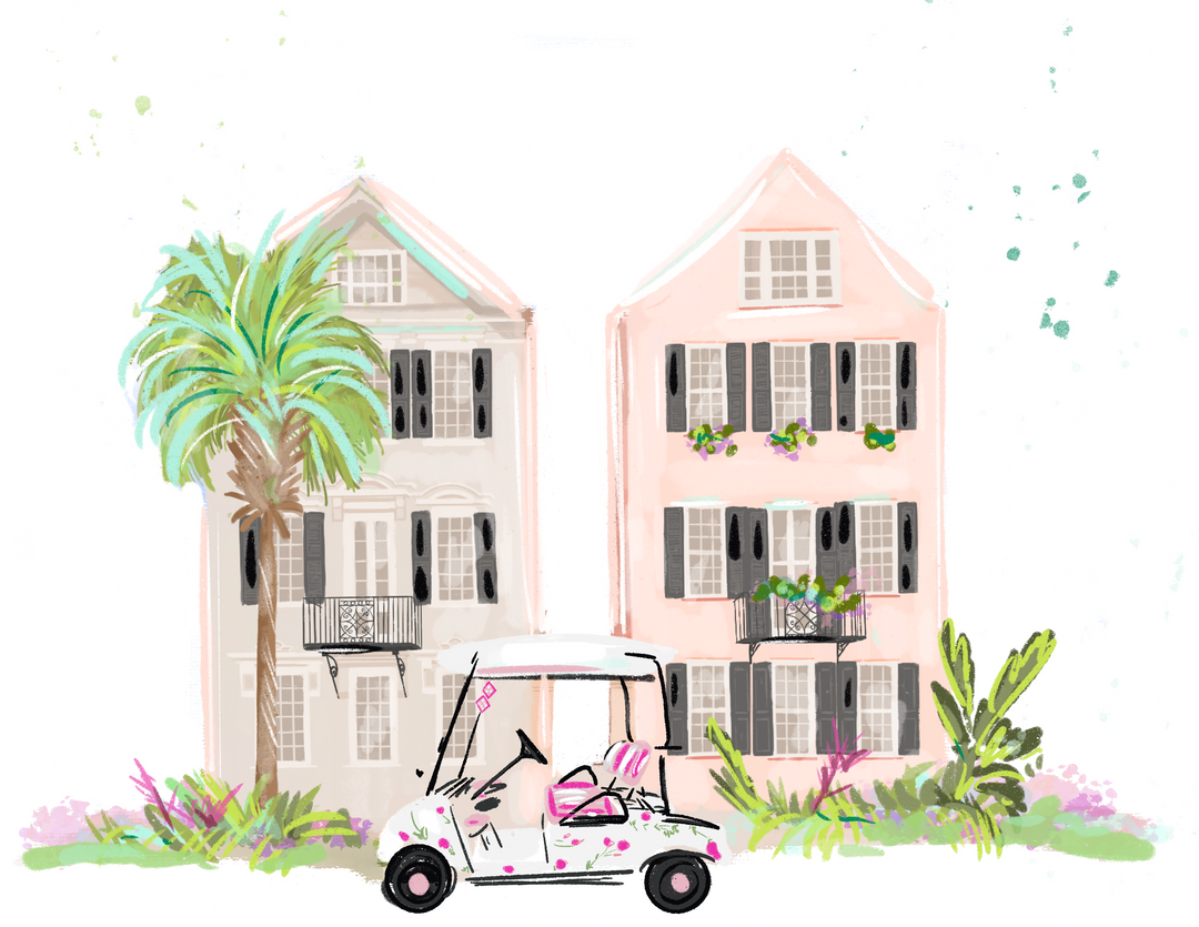 Whimsical coastal illustration featuring pastel Charleston-style homes, a palm tree, tropical landscaping, and a floral golf cart in soft blush pink and green tones.