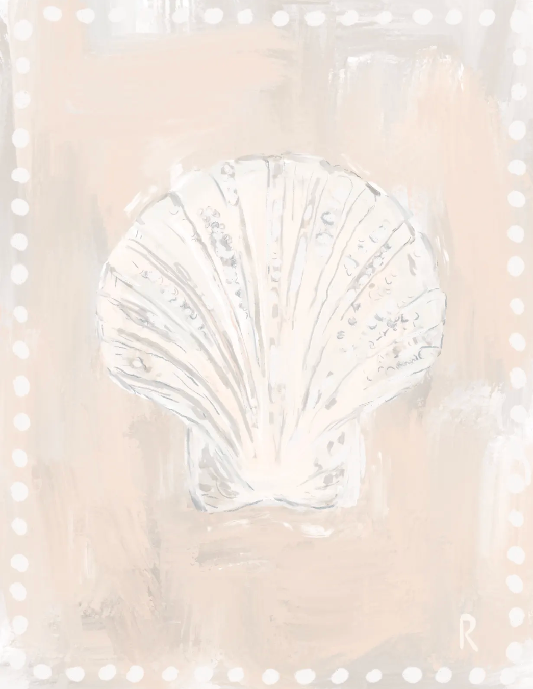 A square art print featuring a painted white scallop shell centered on a soft beige and blush background with a white dotted border.