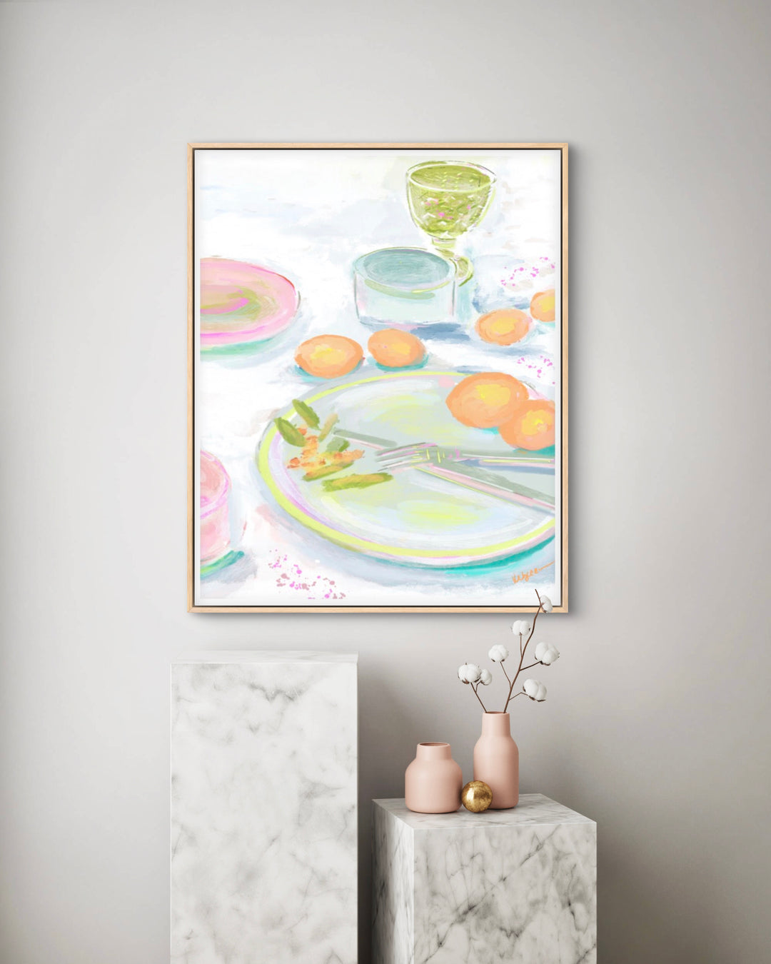 Pastel watercolor-style illustration of a tablescape with plates, oranges, glassware, and soft painterly textures.
