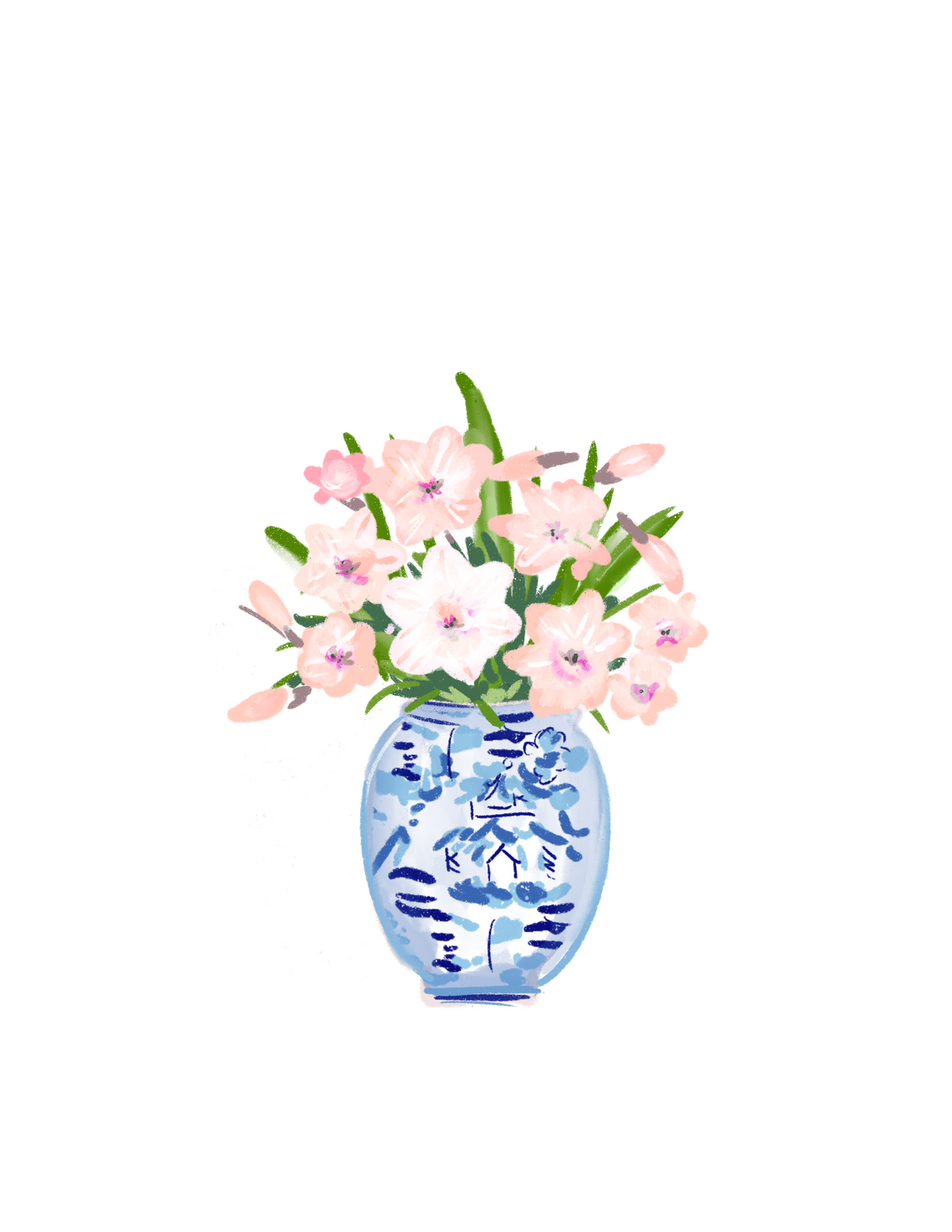 Delicate blush pink flowers arranged in a blue-and-white porcelain vase, painted in a whimsical botanical style with soft green foliage and elegant chinoiserie details.