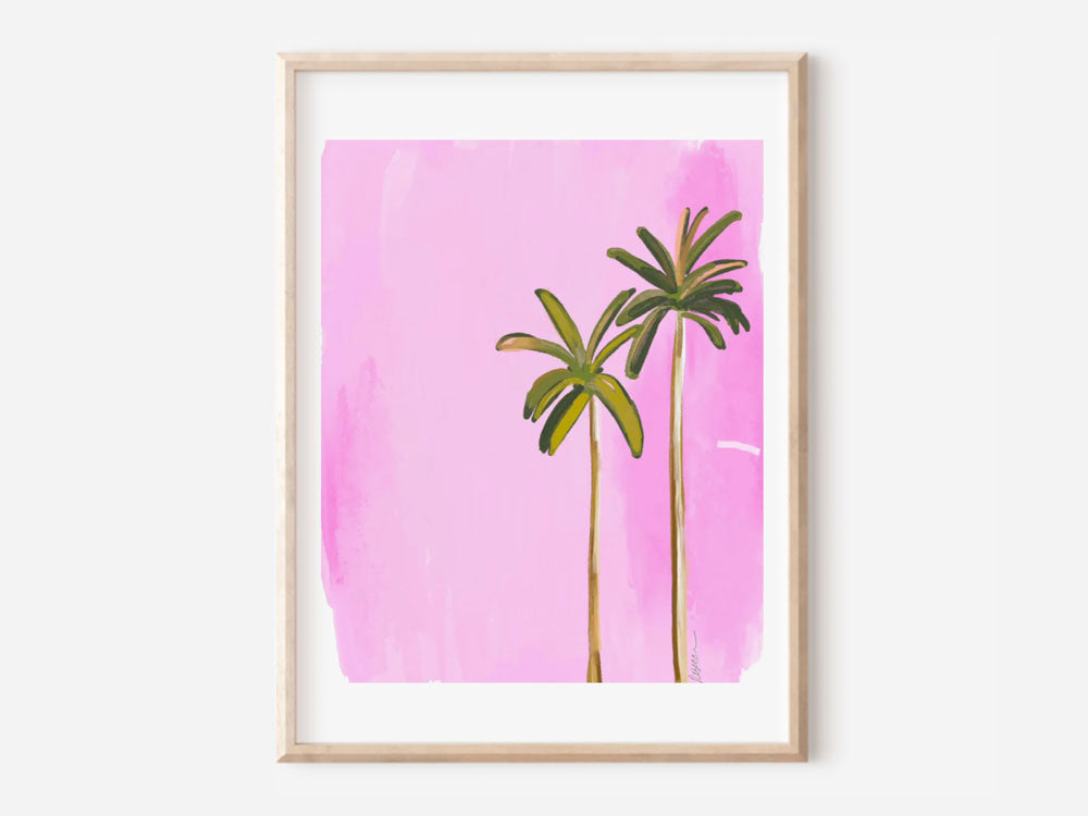 A bright pink watercolor-style illustration by Rebecca Illustrated featuring two tall palm trees with green leaves against a bold pink background.