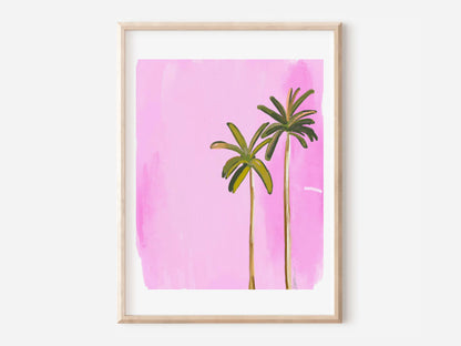 A bright pink watercolor-style illustration by Rebecca Illustrated featuring two tall palm trees with green leaves against a bold pink background.