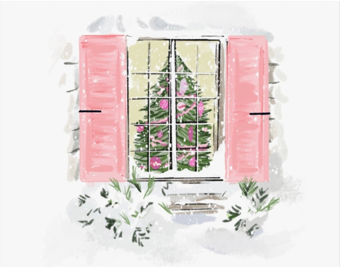 Illustration of a Christmas tree viewed through a window with pink shutters and falling snow, original artwork by Rebecca Illustrated on a blank holiday greeting card