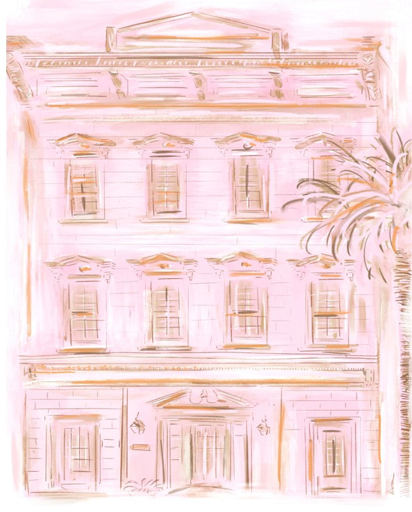 Pink watercolor illustration of a historic Charleston building with palm tree — art by Rebecca Illustrated.