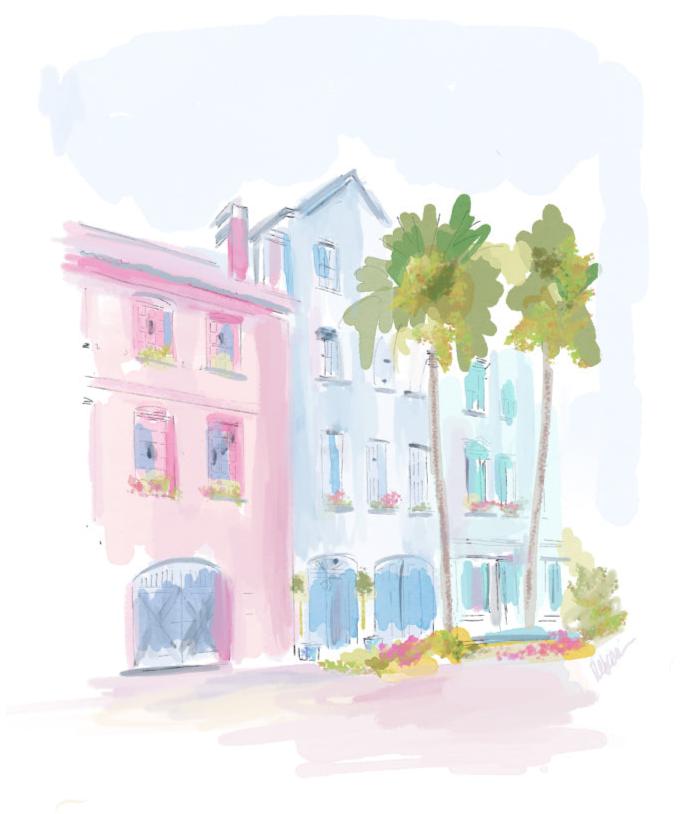 Pastel watercolor illustration of pink and blue coastal buildings with palm trees, painted by Rebecca Illustrated.