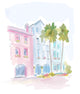 Pastel watercolor illustration of pink and blue coastal buildings with palm trees, painted by Rebecca Illustrated.