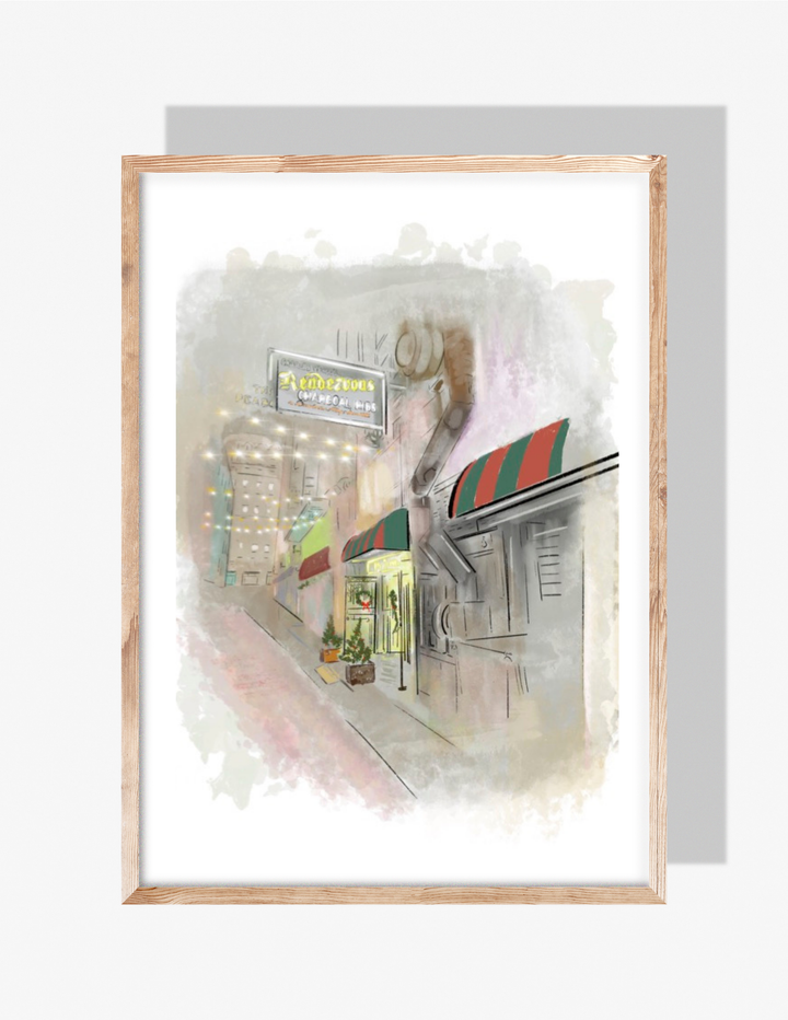 A pastel watercolor-style illustration by Rebecca Illustrated depicting Charlie Vergos’ Rendezvous restaurant in Memphis, with striped awnings, glowing signage, and a nighttime alleyway setting.