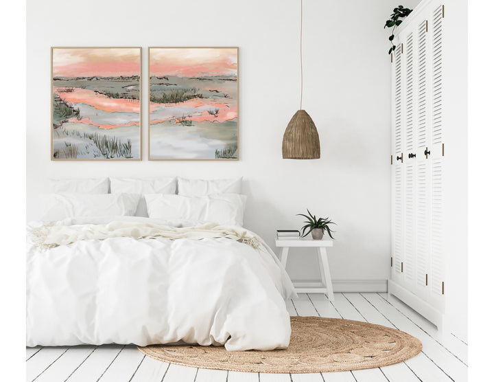 Coastal marsh sunset artwork with blush pink skies, reflective water, and marsh grasses by Rebecca Illustrated, styled in a bedroom.