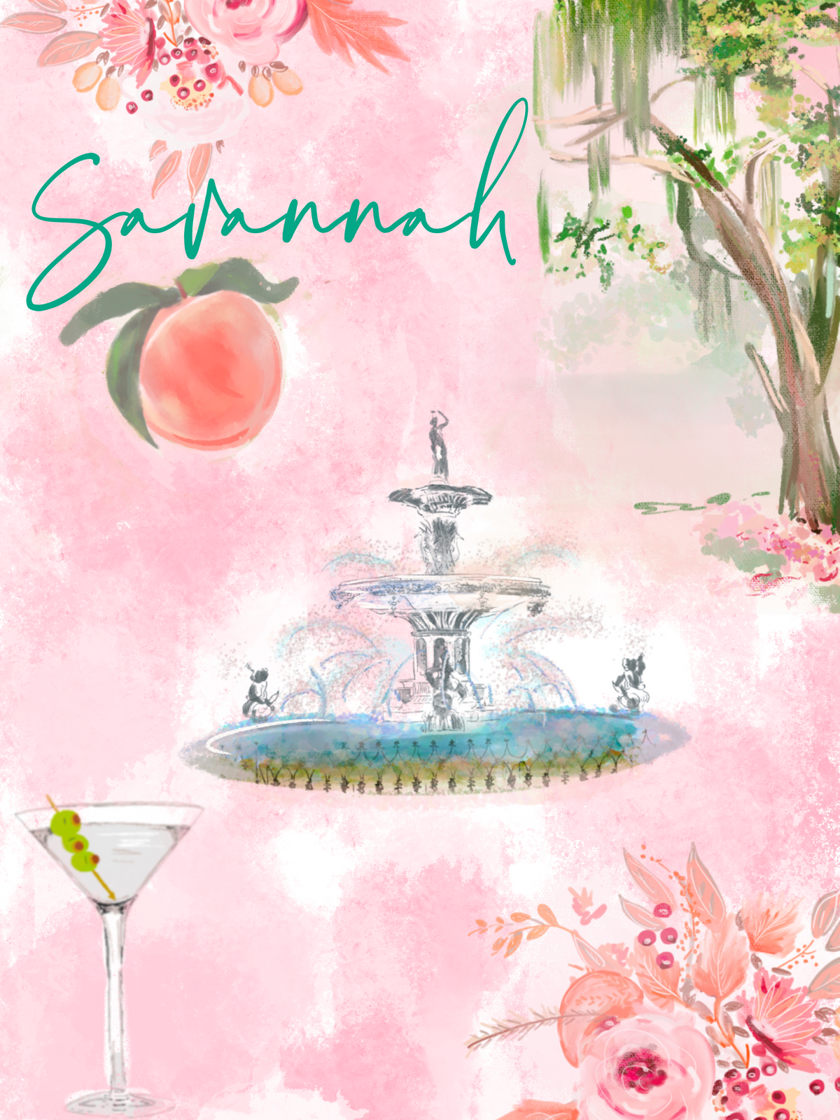 Whimsical watercolor collage inspired by Savannah, Georgia featuring Forsyth Fountain, blooming florals, a Georgia peach, moss-draped oak trees, and a martini on a soft pink background.