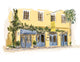 Watercolor illustration of Slightly North of Broad restaurant in Charleston, South Carolina, featuring a yellow historic building with blue doors and lush greenery, illustrated by Rebecca Illustrated.