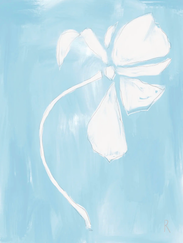 A minimalist painting of a white flower with a long curved stem on a textured light blue background.