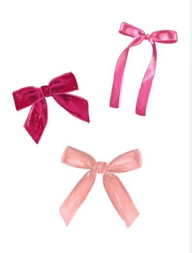 Illustration of three pink bows in different shades and styles on a white background, artwork by Rebecca Illustrated