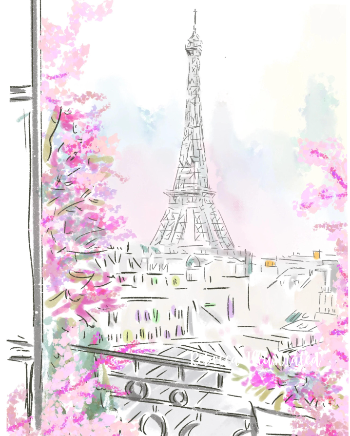 Pastel illustration of the Eiffel Tower viewed from a window with pink spring blossoms and Parisian rooftops, artwork by Rebecca Illustrated.