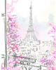 Pastel illustration of the Eiffel Tower viewed from a window with pink spring blossoms and Parisian rooftops, artwork by Rebecca Illustrated.