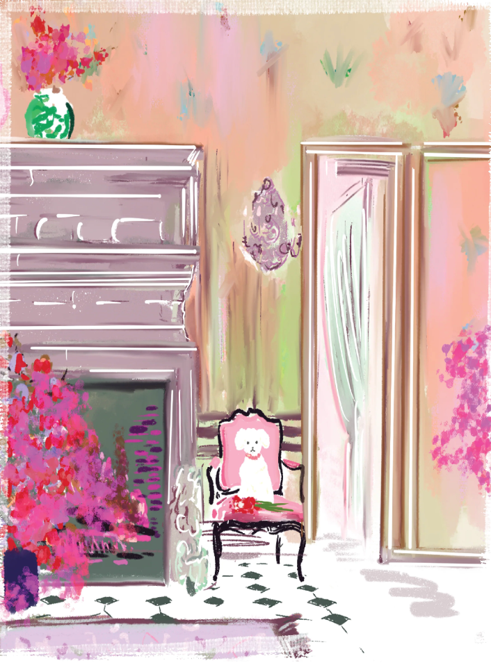 Greeting card with an illustrated elegant interior scene featuring a decorative chair, fireplace, and florals in soft pastel colors, blank interior