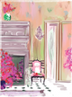 Greeting card with an illustrated elegant interior scene featuring a decorative chair, fireplace, and florals in soft pastel colors, blank interior