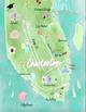 Hand-drawn illustrated map of Charleston, SC featuring landmarks such as the Ravenel Bridge, Rainbow Row, The Battery, Pineapple Fountain, City Market, King Street, Citadel, Aquarium, and Folly Beach.