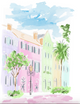 Pastel watercolor illustration of Charleston’s Rainbow Row with colorful historic houses, palm trees, and a bright sky.