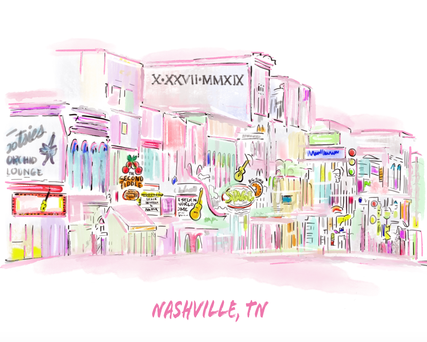 Colorful hand-drawn illustration of Nashville Broadway with neon signs, honky-tonks, and iconic landmarks in pastel pink and watercolor tones.