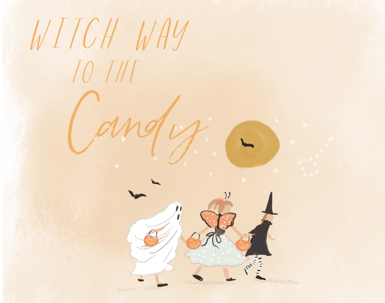Halloween greeting card featuring three costumed children trick-or-treating under a moon with the phrase “Witch Way to the Candy,” illustrated by Rebecca Illustrated.