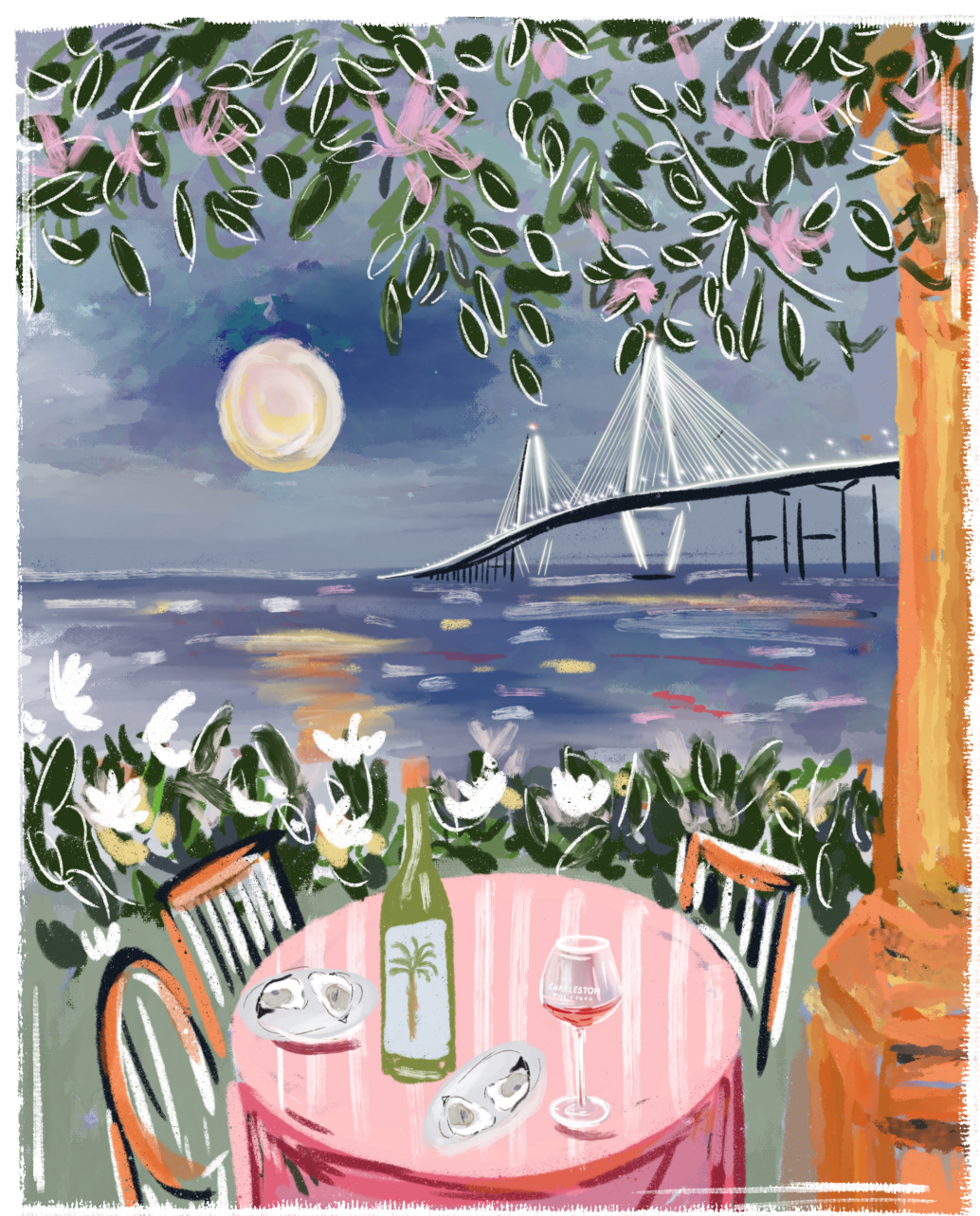 Illustrated waterfront dining scene with oysters, wine, flowers, and a glowing moon overlooking a modern suspension bridge at dusk.