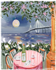 Illustrated waterfront dining scene with oysters, wine, flowers, and a glowing moon overlooking a modern suspension bridge at dusk.