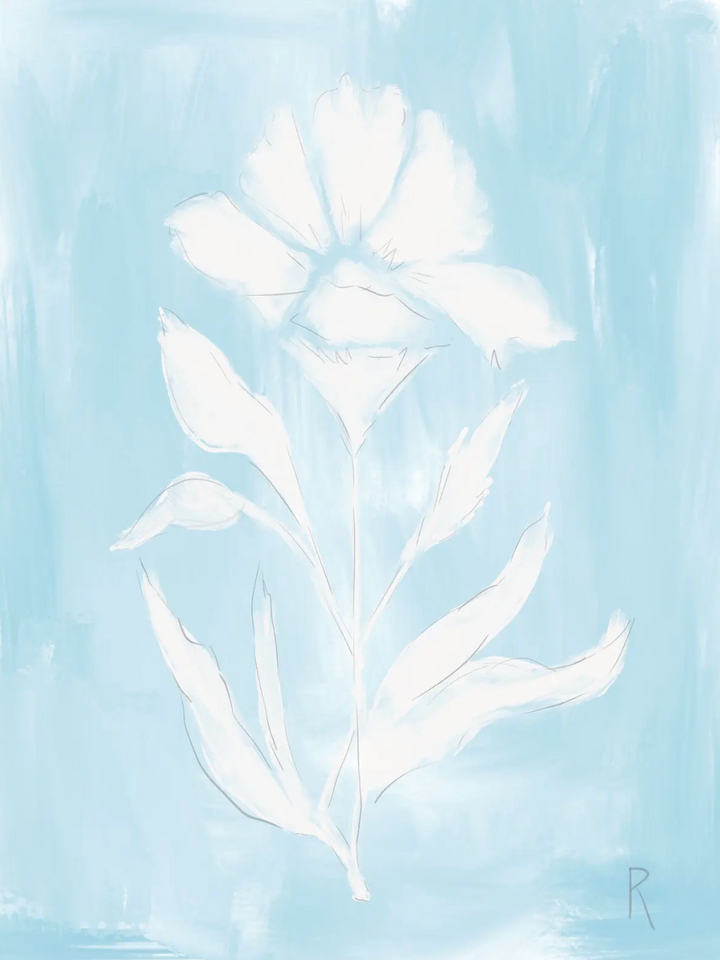 A minimalist art print featuring a white painted flower and leaves on a textured light blue background.