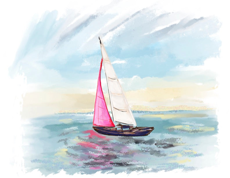 Pastel coastal painting of a sailboat with a pink sail gliding across calm water under a soft sky — art by Rebecca Illustrated