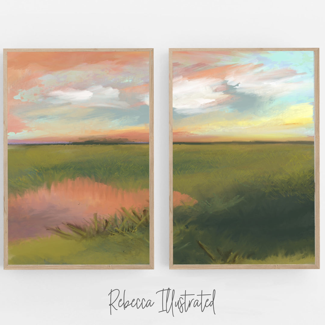 Two-piece marsh landscape diptych featuring a colorful sunset sky with soft clouds and green marsh grass in natural wood frames.