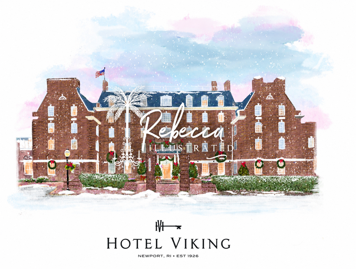 Watercolor-style illustrated poster of the Hotel Viking in Newport, RI, showing a large brick hotel facade with snowy grounds, wreaths, and a pale blue and pink sky. The text 'Rebecca Illustrated' appears across the center, and 'HOTEL VIKING' with smaller 'NEWPORT, RI - EST.