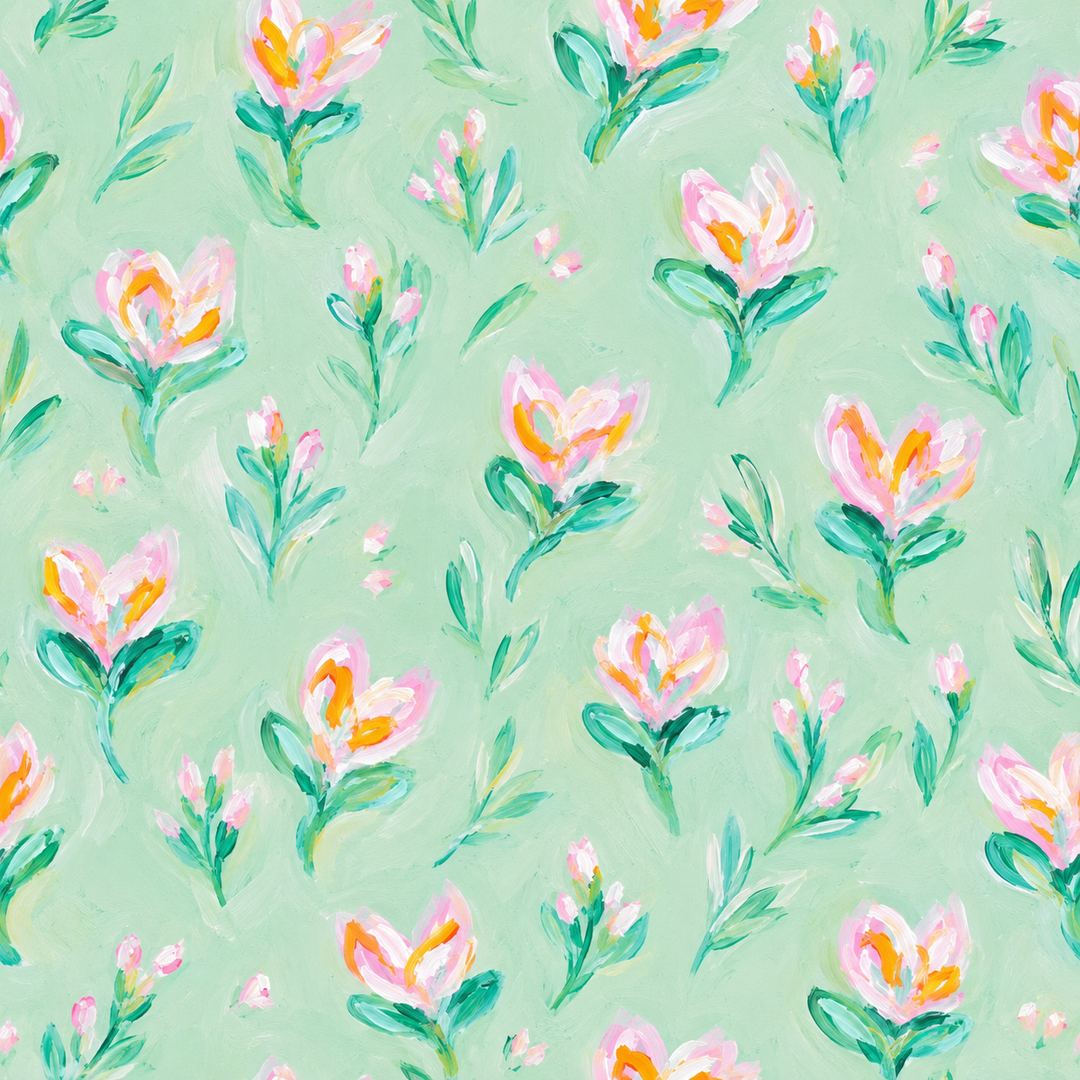 Whimsical floral painting featuring pink crocus flowers and green leaves scattered across a soft sage-green background in an expressive painterly style.