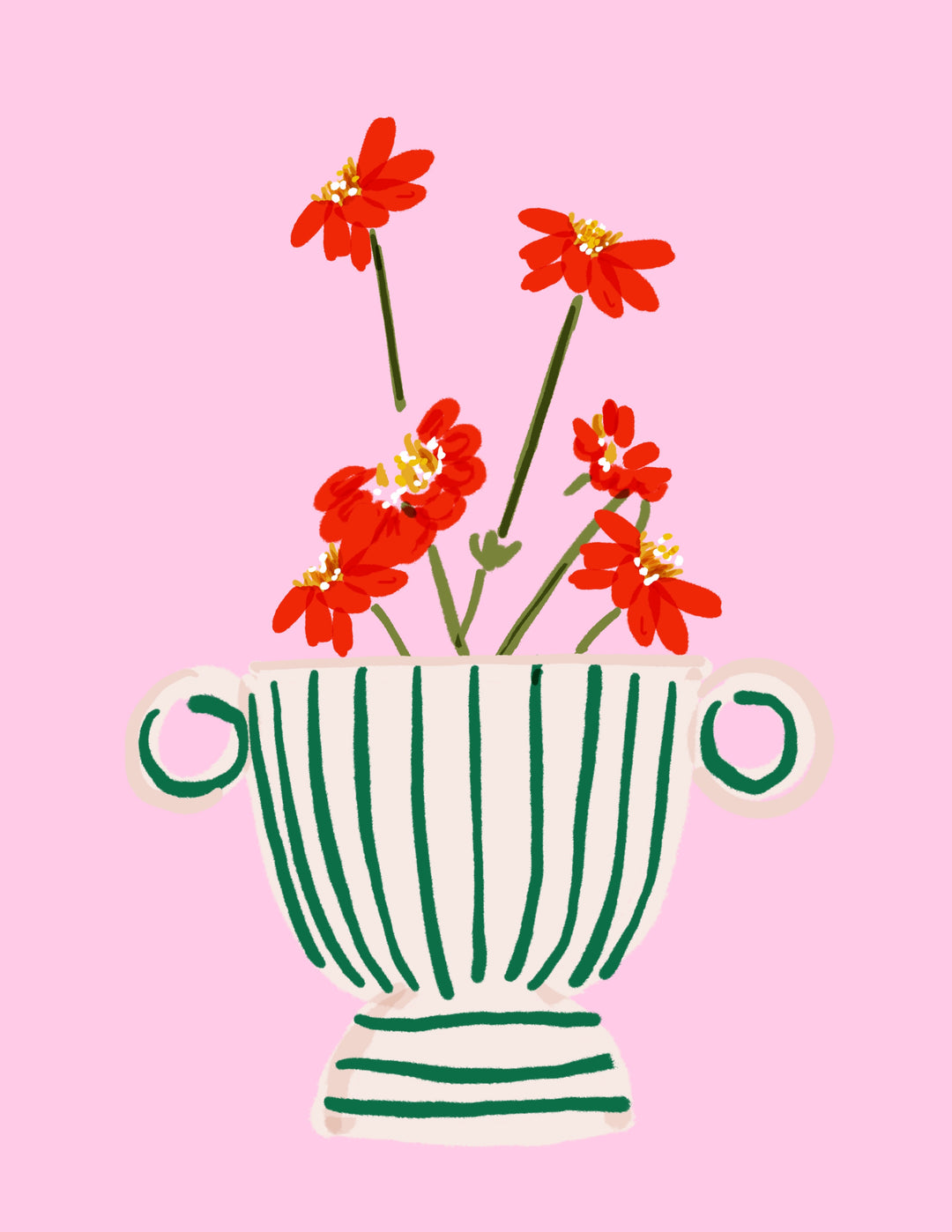 A whimsical illustration by Rebecca Illustrated featuring red flowers arranged in a cream and green striped vase on a pink background.