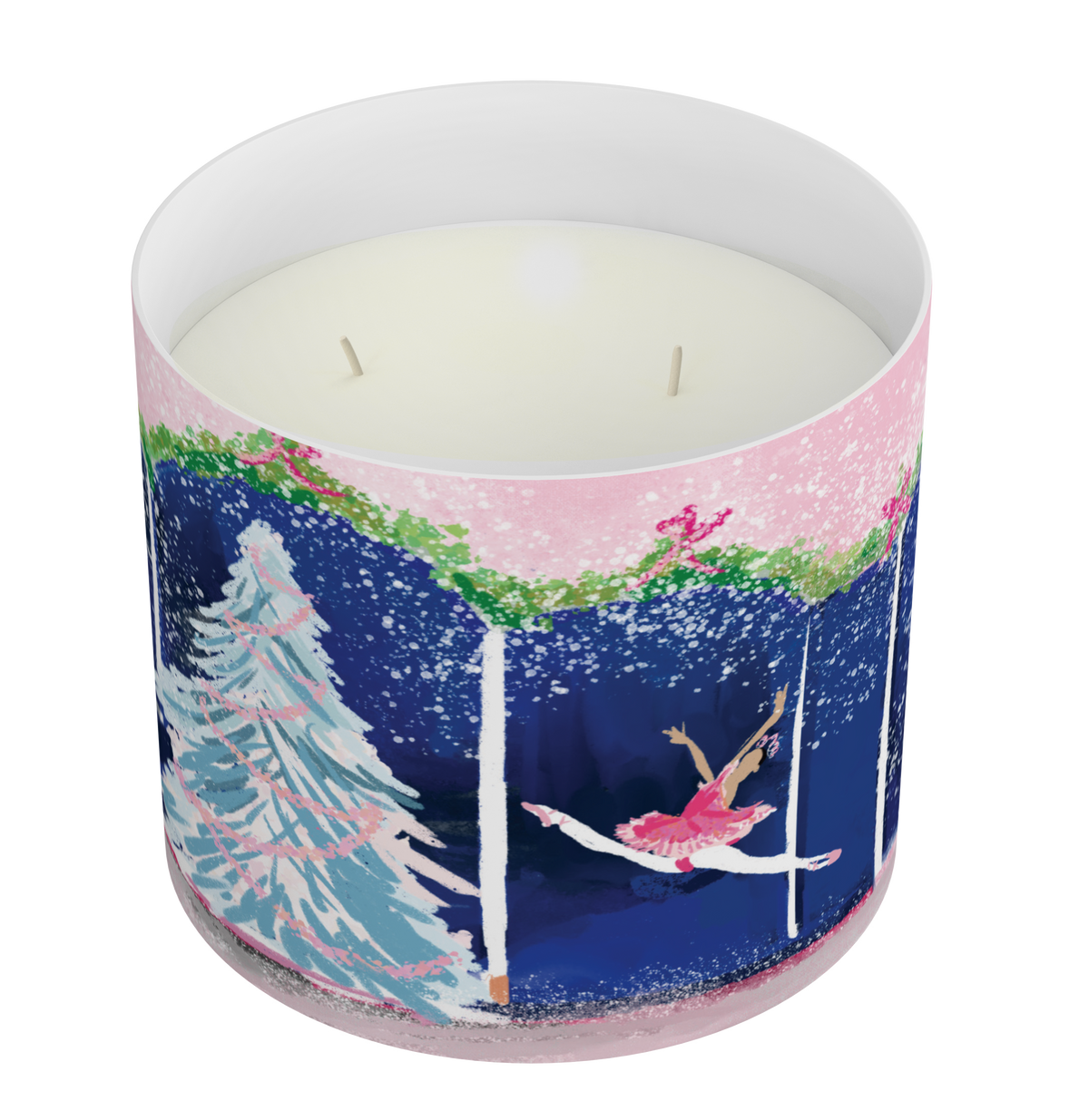 A two wick scented candle in a white cylindrical container with a winter-themed wraparound illustration featuring a ballerina, a Christmas tree, and snow in pink, blue, green, and white.