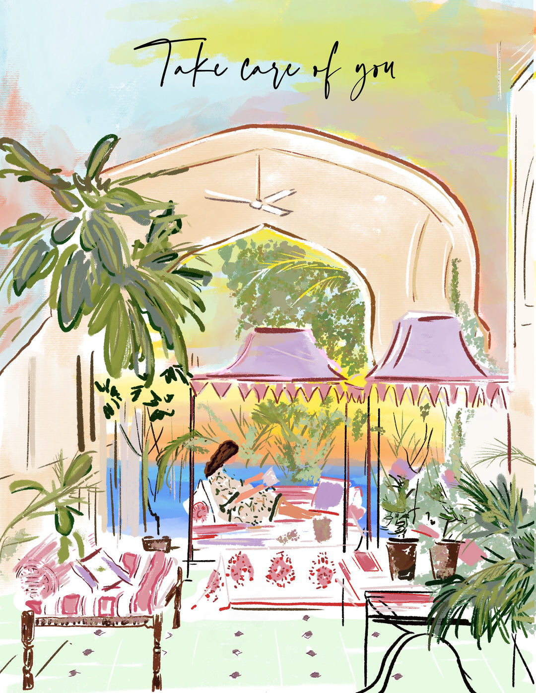 Illustration of a woman relaxing on a daybed under canopy tents in a tropical garden with palms and sunset colors, with the words ‘Take care of you’ at the top.