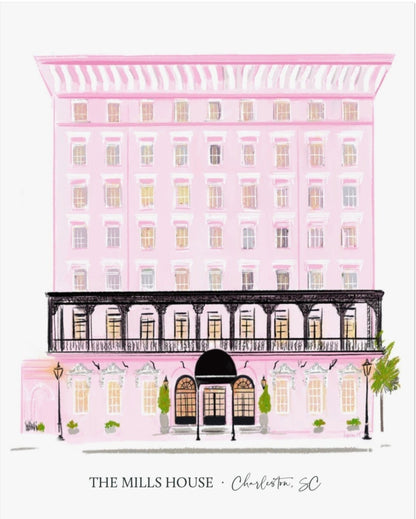 Illustration of The Mills House hotel in Charleston, South Carolina, featuring a soft pink historic building with black iron balconies, by artist Rebecca Illustrated