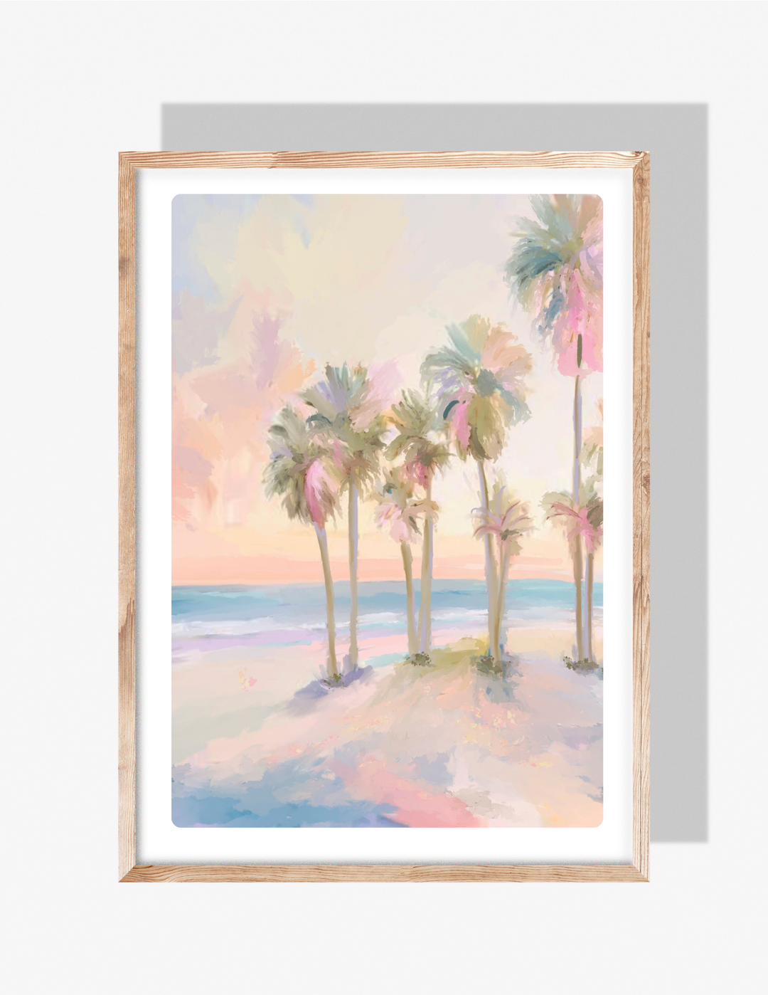 Pastel watercolor-style illustration of palm trees by the ocean with soft pink, peach, and blue tones.