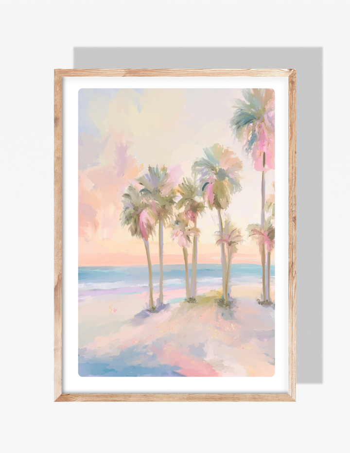 Pastel watercolor-style illustration of palm trees by the ocean with soft pink, peach, and blue tones.