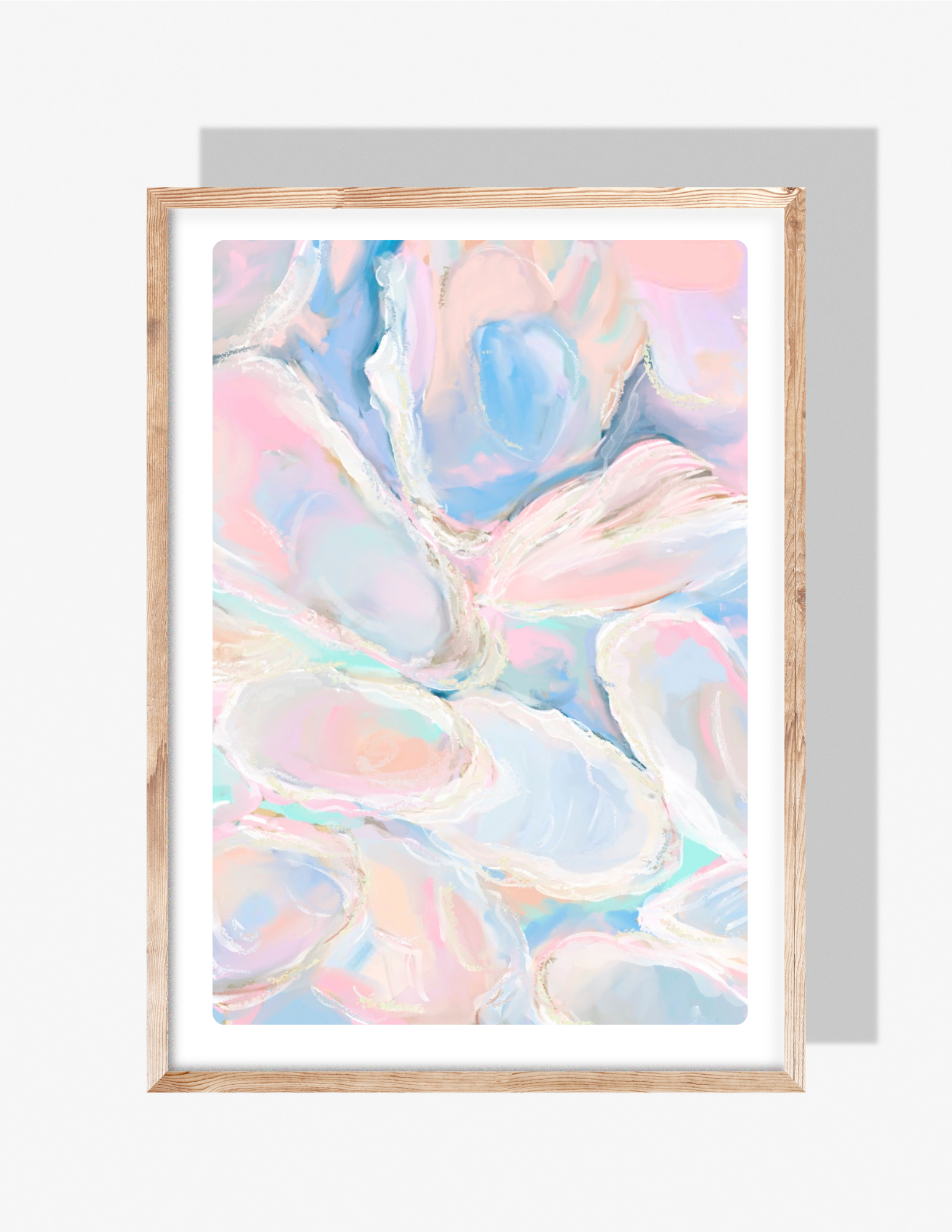 Abstract watercolor-style artwork featuring pastel oyster shapes in soft blues, pinks, creams, and aquas.