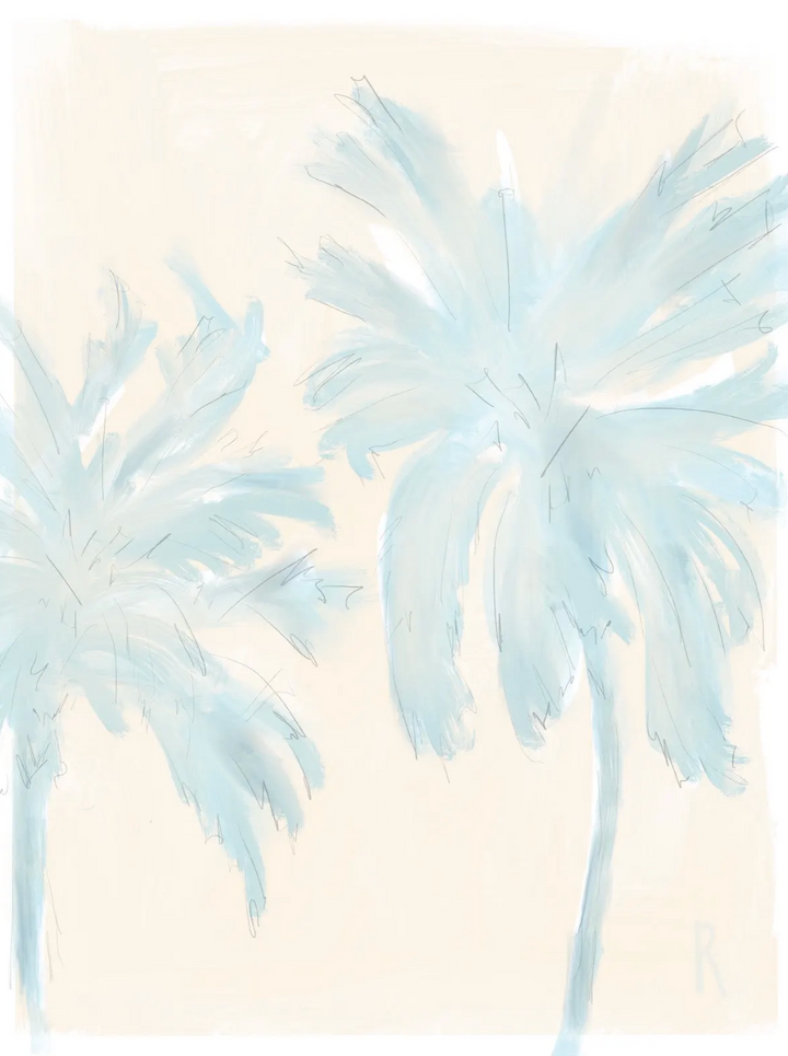 A light blue watercolor painting of two palm trees on a warm cream background.