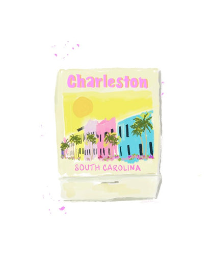Pastel matchbook-style illustration of Charleston, South Carolina with colorful Rainbow Row buildings and palm trees — artwork by Rebecca Illustrated