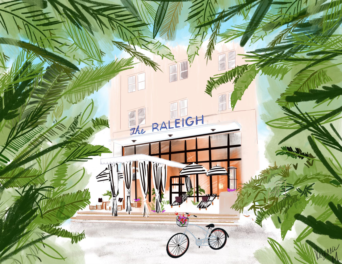 Illustration of The Raleigh hotel in Miami Beach framed by tropical palm leaves with striped umbrellas and a bicycle — artwork by Rebecca Illustrated