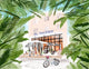 Illustration of The Raleigh hotel in Miami Beach framed by tropical palm leaves with striped umbrellas and a bicycle — artwork by Rebecca Illustrated
