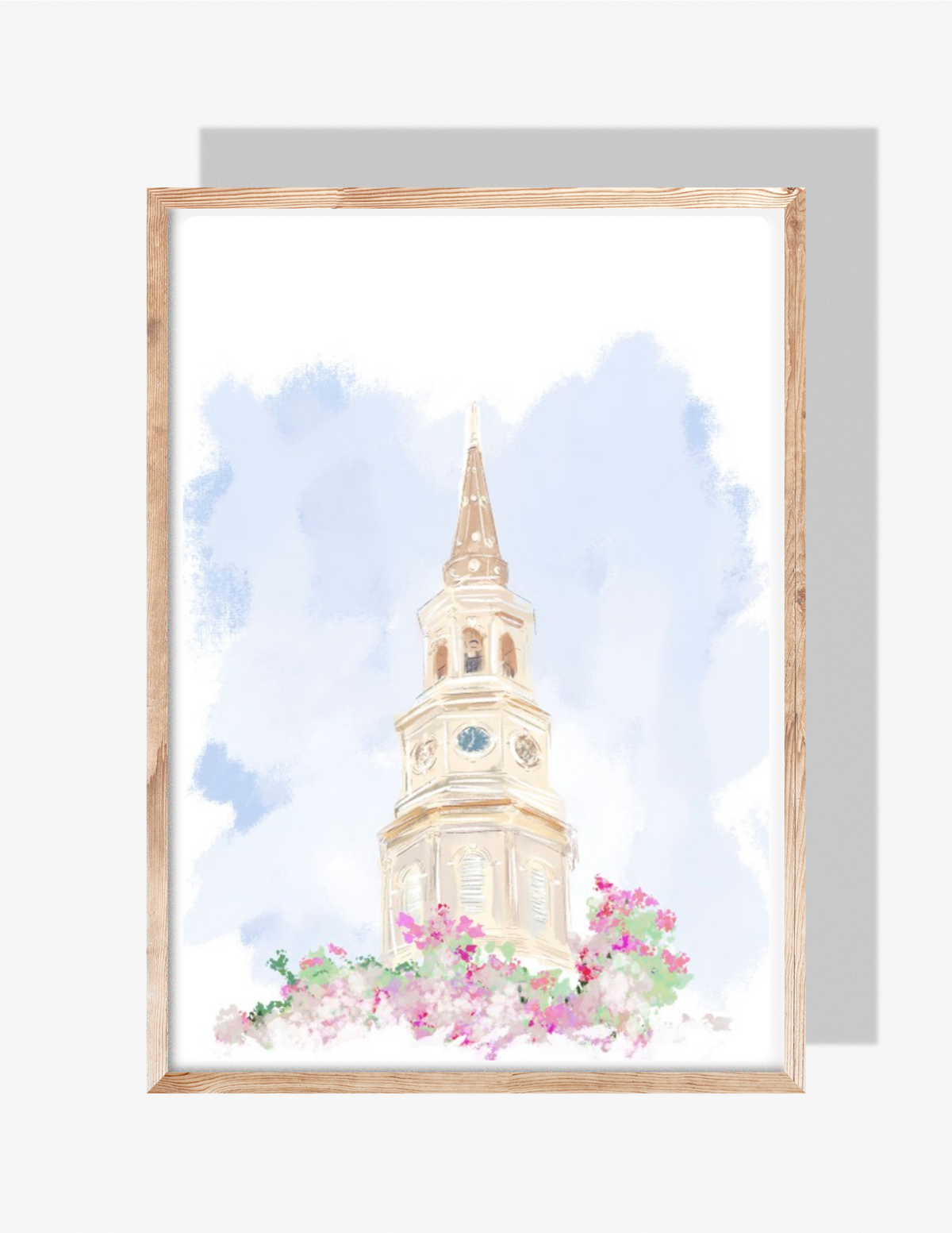 Pastel illustration of a historic Charleston church steeple with pink flowering bushes against a soft blue sky — artwork by Rebecca Illustrated