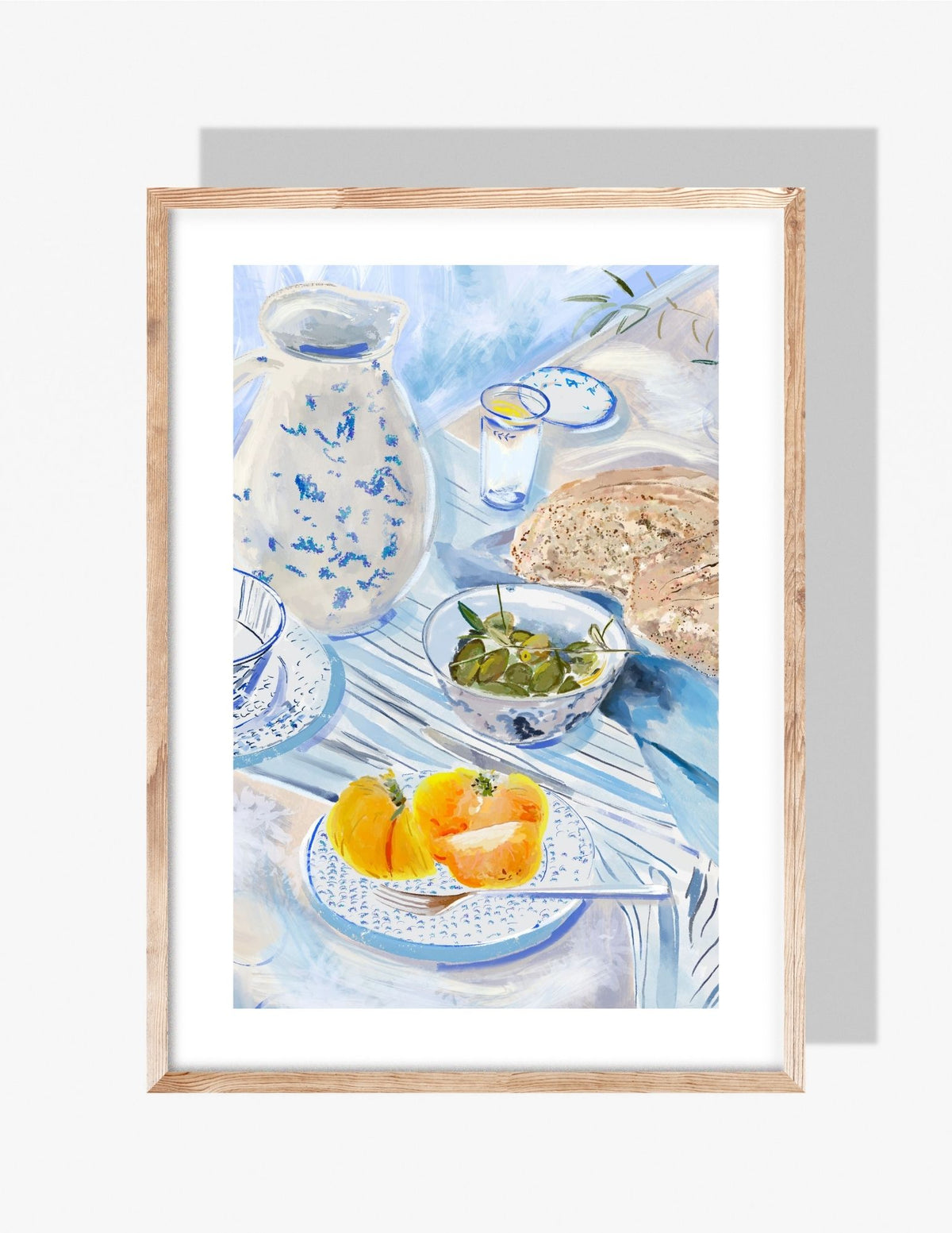 Illustrated Mediterranean-style still life with citrus fruit, blue-and-white ceramic dishes, olives, bread, and a pitcher — artwork by Rebecca Illustrated