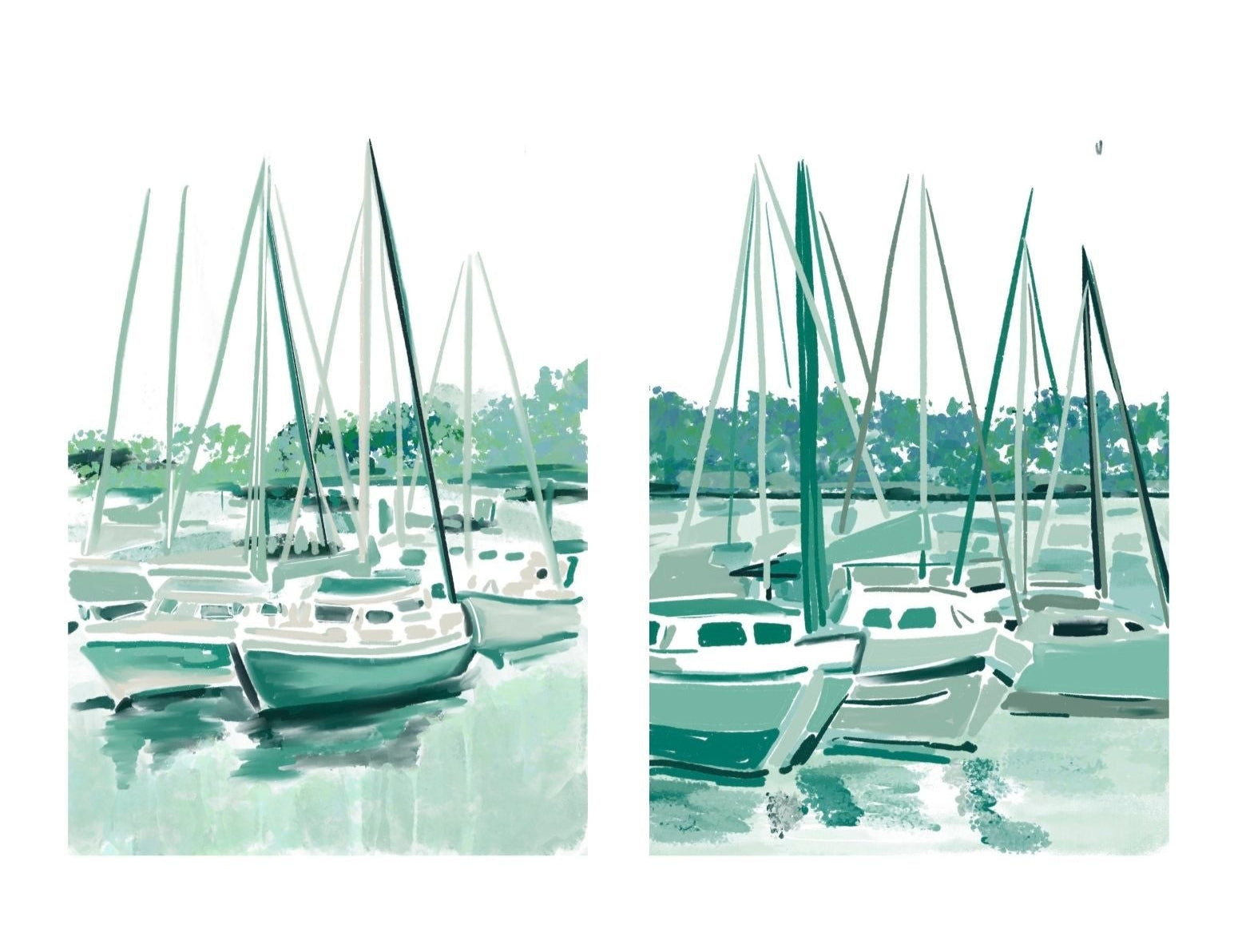 Illustrated marina scene with teal and green sailboats and masts reflecting on the water — artwork by Rebecca Illustrated