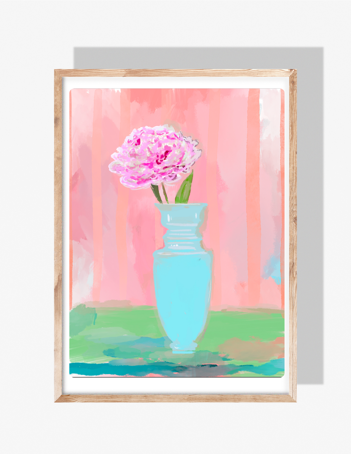Bright pink peony in a turquoise vase against a coral background — floral still life by Rebecca Illustrated.