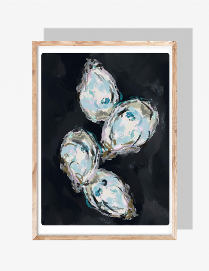 Oyster shell illustration in soft blues and pearlescent tones on a black background — coastal art by Rebecca Illustrated.