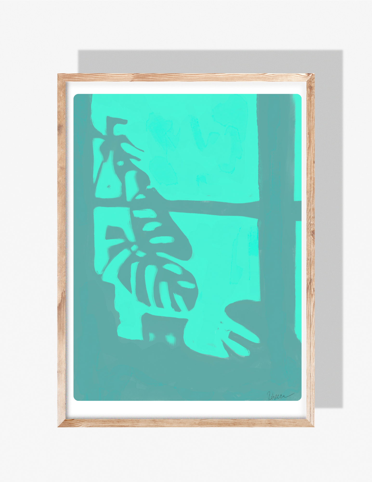 Teal botanical silhouette of monstera leaves against window light — modern artwork by Rebecca Illustrated.