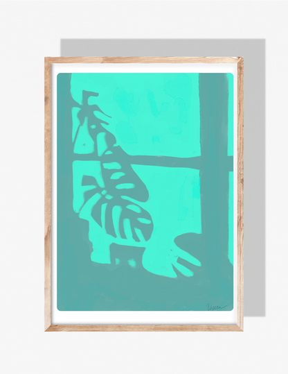 Teal botanical silhouette of monstera leaves against window light — modern artwork by Rebecca Illustrated.