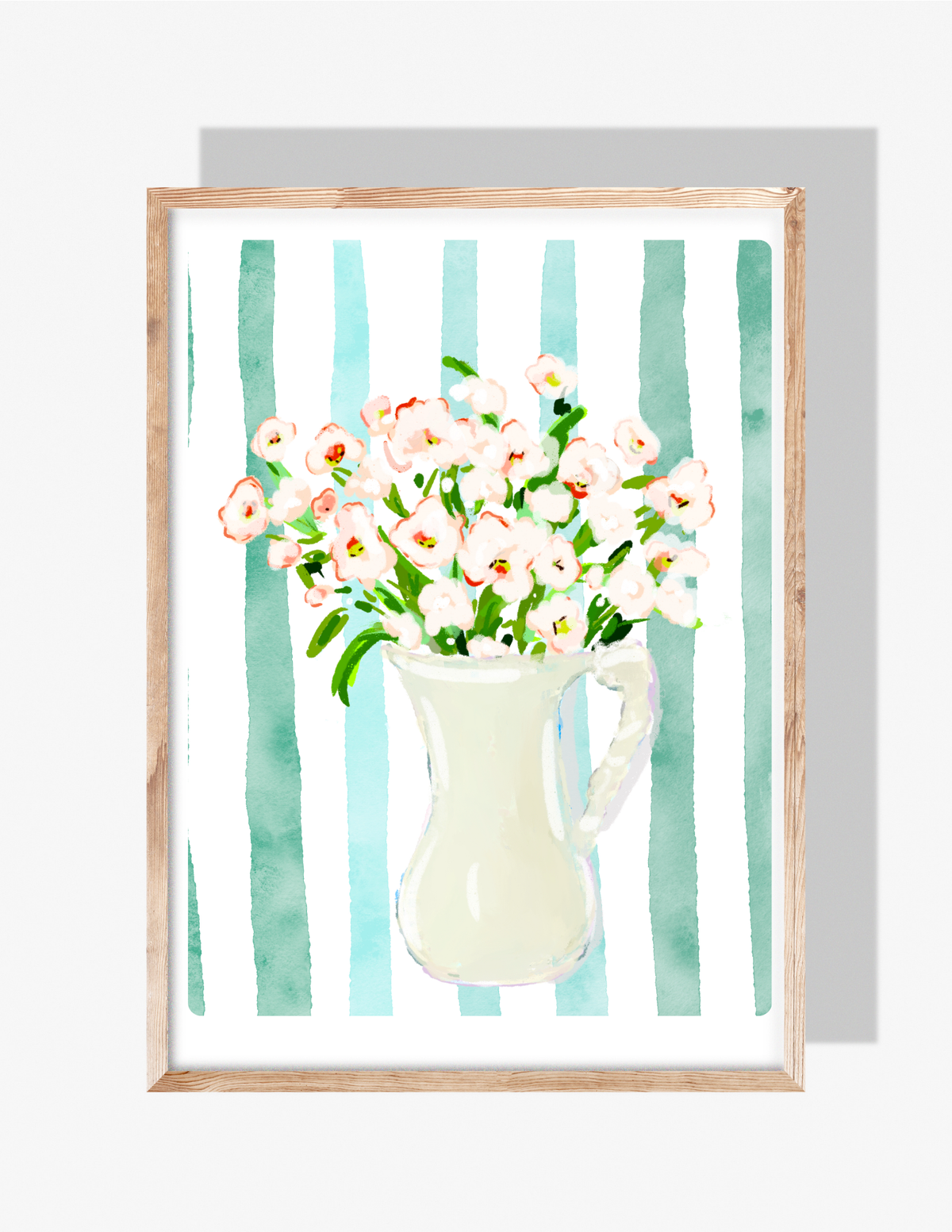 Watercolor floral bouquet in a cream pitcher with teal vertical stripes — art by Rebecca Illustrated.
